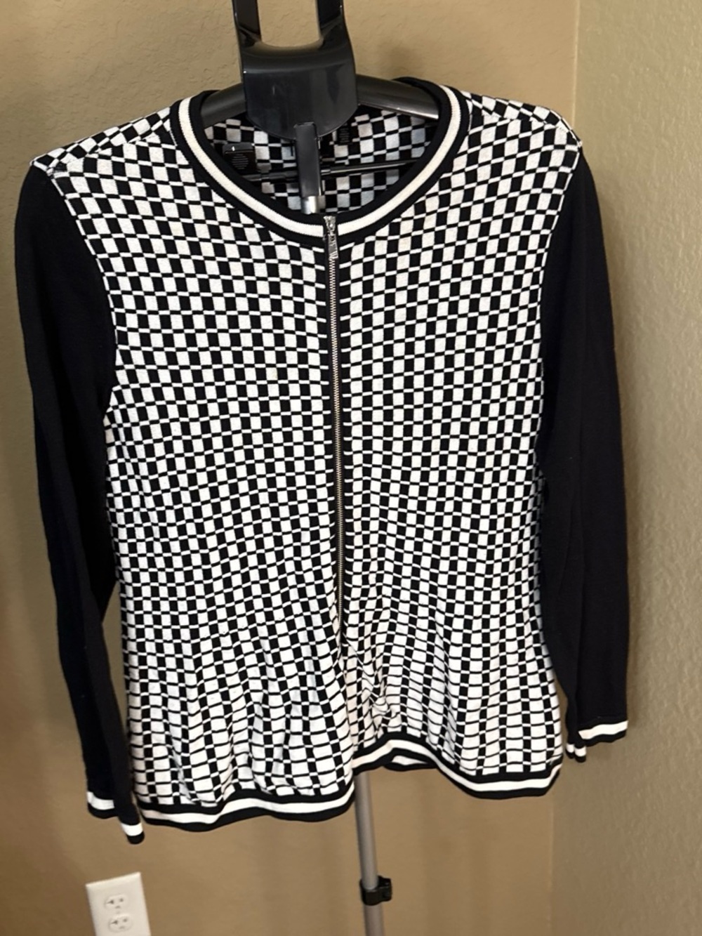 Rafaella Black & White Checkerboard Knit Bomber